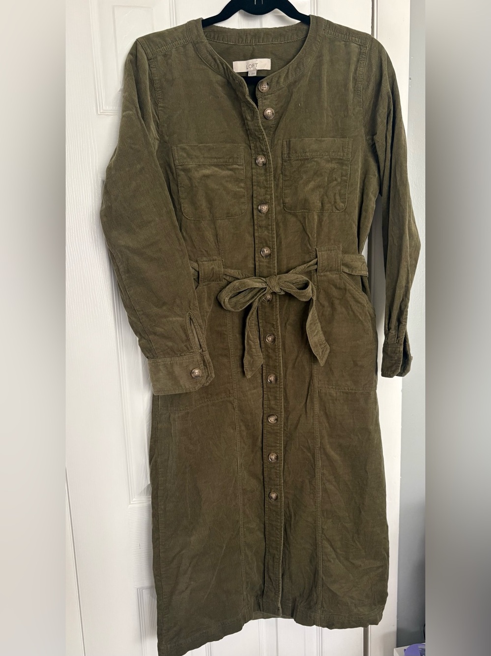 Olive Corduroy Shirt Dress with Tie Waist
